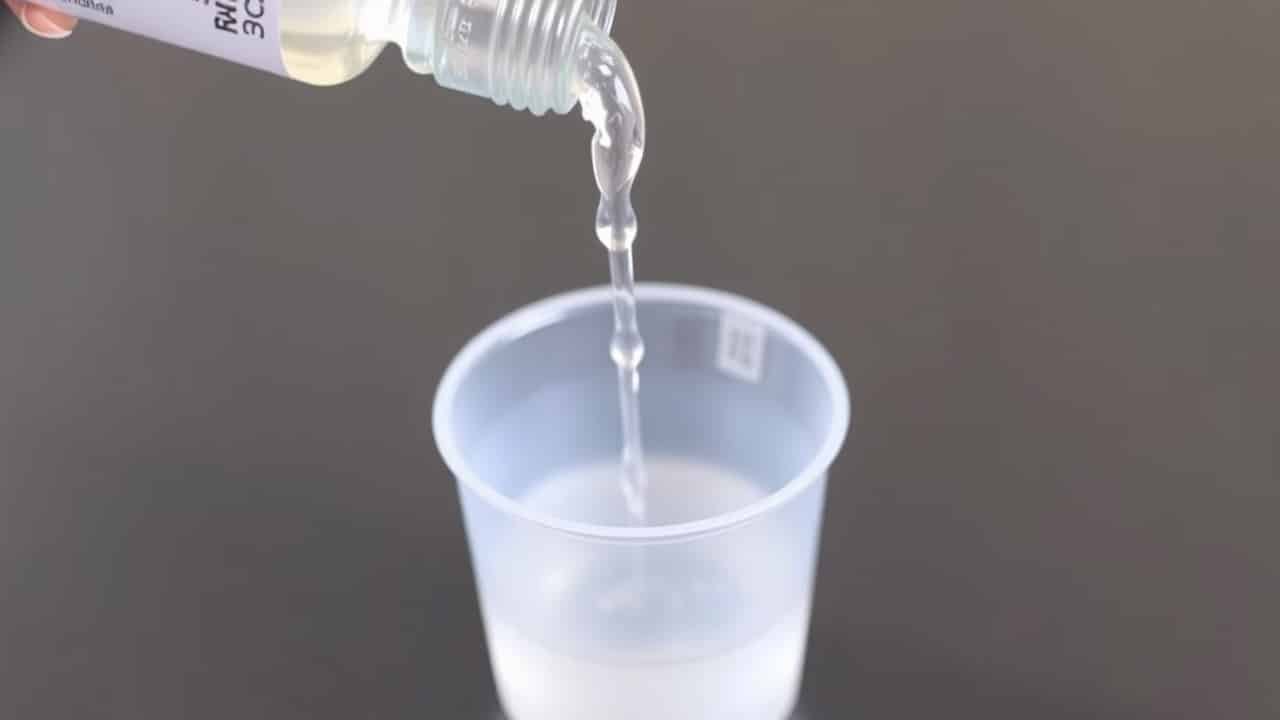 fotografia de primer plano de un envase de clorhexidina dental sirviendo en un pequeño vaso de plastico