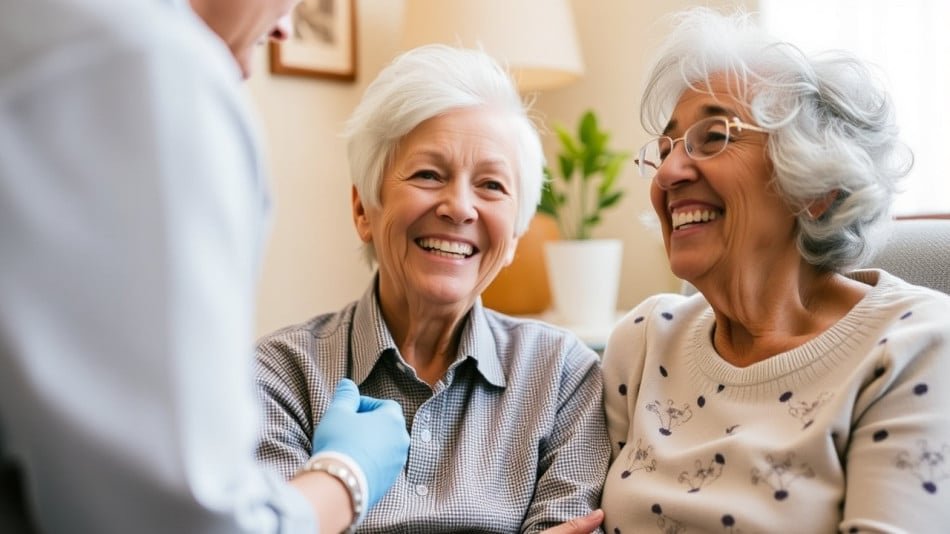 dos personas de edad avanzada felices mirando a un especialista en salud que les llevo medicamentos a domicilio
